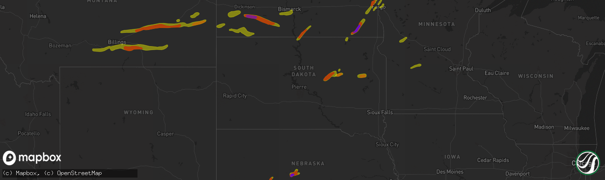 Hail map in South Dakota on July 2, 2018