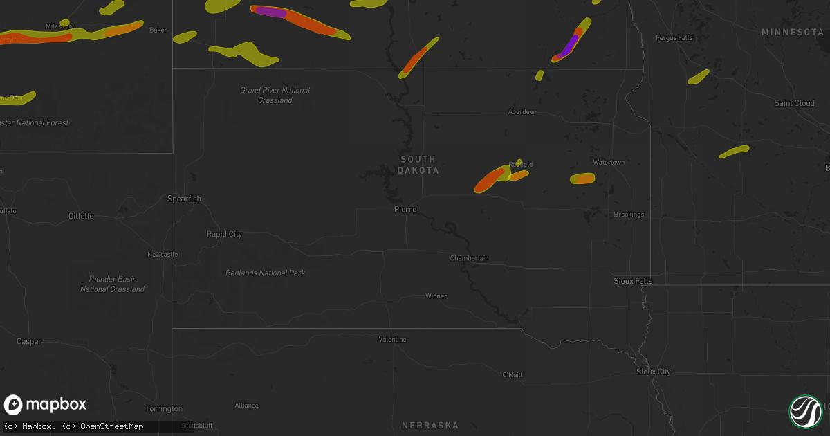 Hail map in South Dakota on July 2, 2018