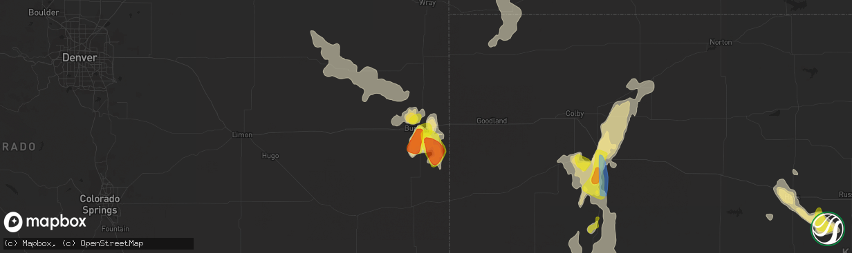 Hail map in Burlington, CO on July 2, 2020