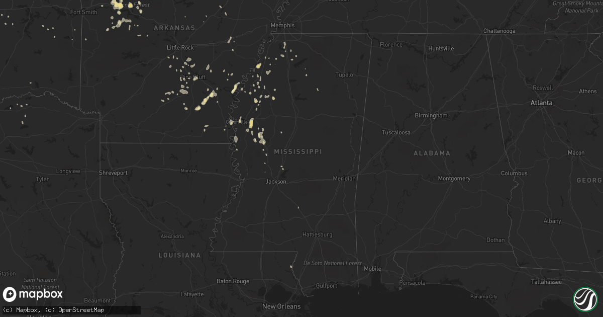 Hail map in Mississippi on July 2, 2020