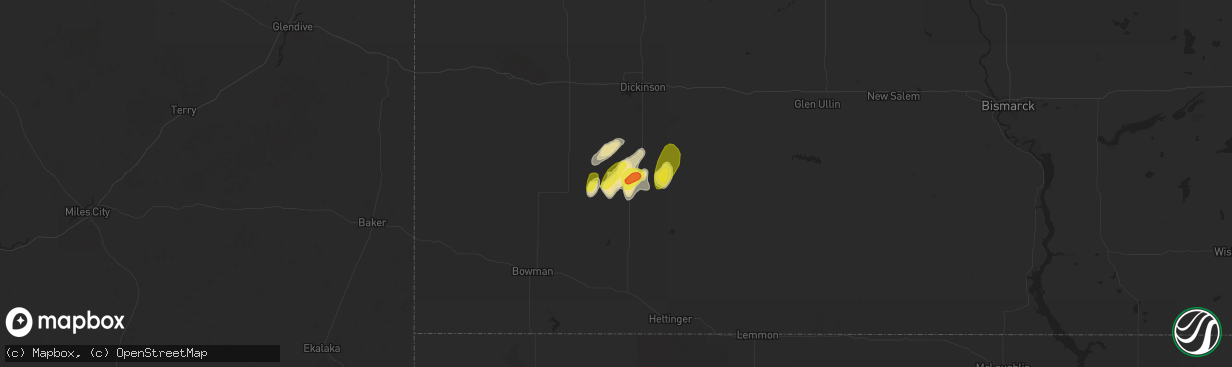 Hail map in New England, ND on July 2, 2020