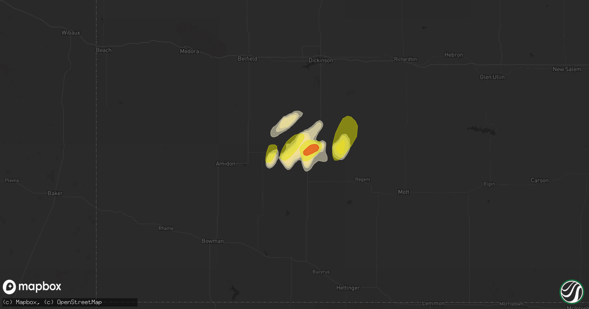 Hail map in New England, ND on July 2, 2020