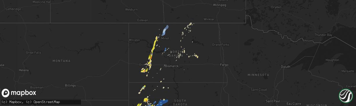 Hail map in North Dakota on July 2, 2020