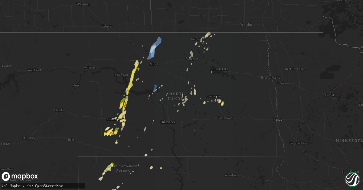 Hail map in North Dakota on July 2, 2020