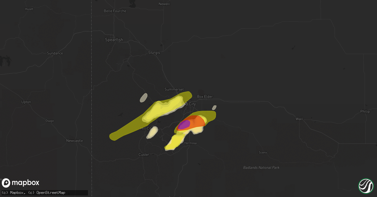 Hail map in Rapid City, SD on July 2, 2020