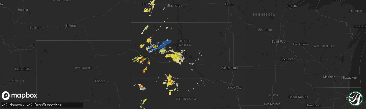 Hail map in South Dakota on July 2, 2020