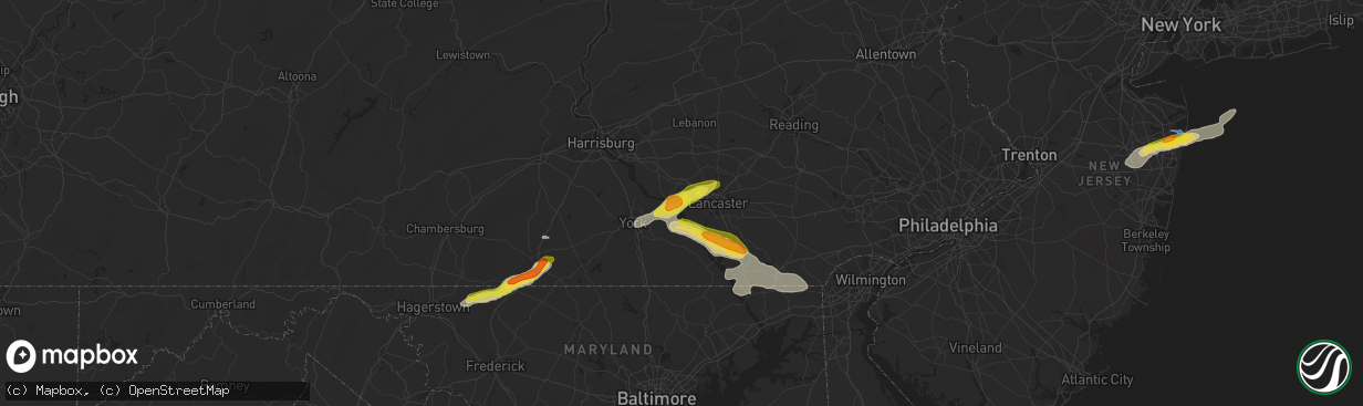 Hail map in Columbia, PA on July 2, 2022