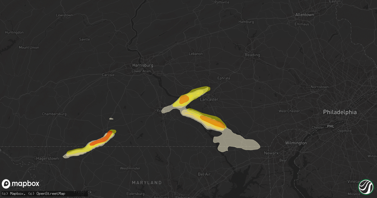 Hail map in Columbia, PA on July 2, 2022