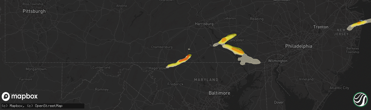 Hail map in Gettysburg, PA on July 2, 2022