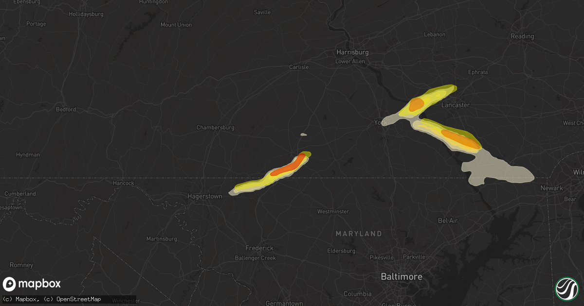 Hail map in Gettysburg, PA on July 2, 2022