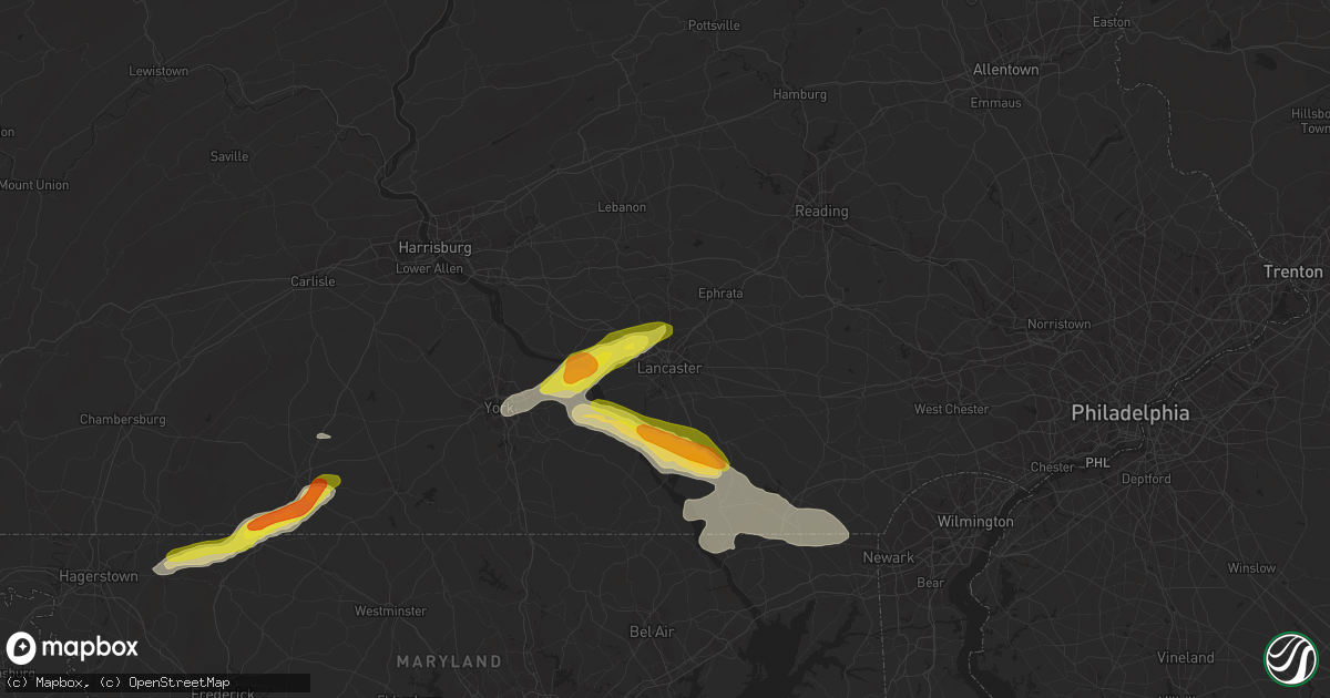 Hail map in Lancaster, PA on July 2, 2022