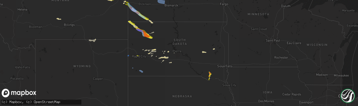 Hail map in South Dakota on July 2, 2022