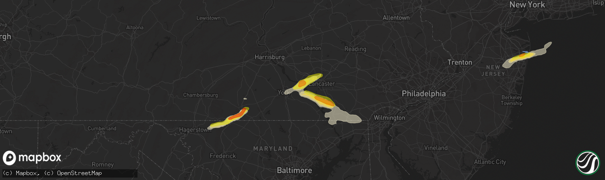 Hail map in Wrightsville, PA on July 2, 2022