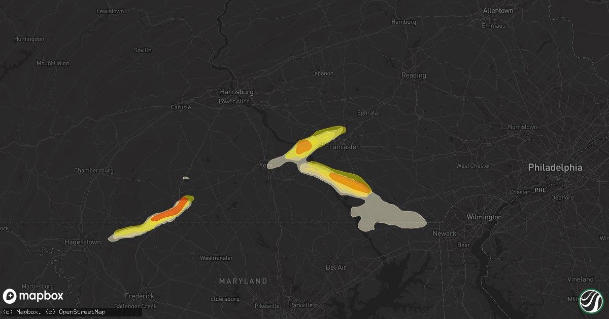 Hail map in Wrightsville, PA on July 2, 2022