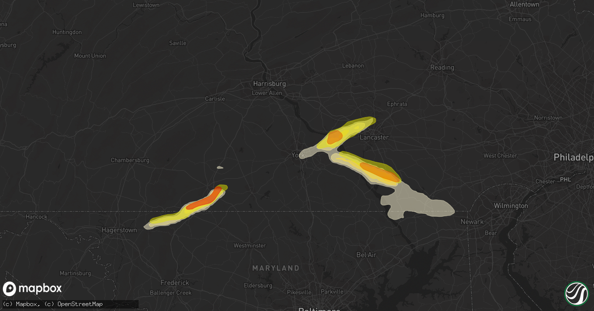 Hail map in York, PA on July 2, 2022