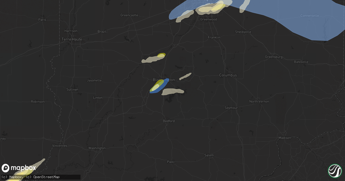 Hail map in Bloomington, IN on July 2, 2023