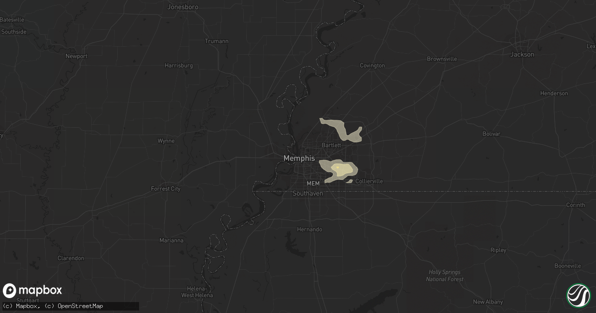 Hail map in Memphis, TN on July 2, 2023