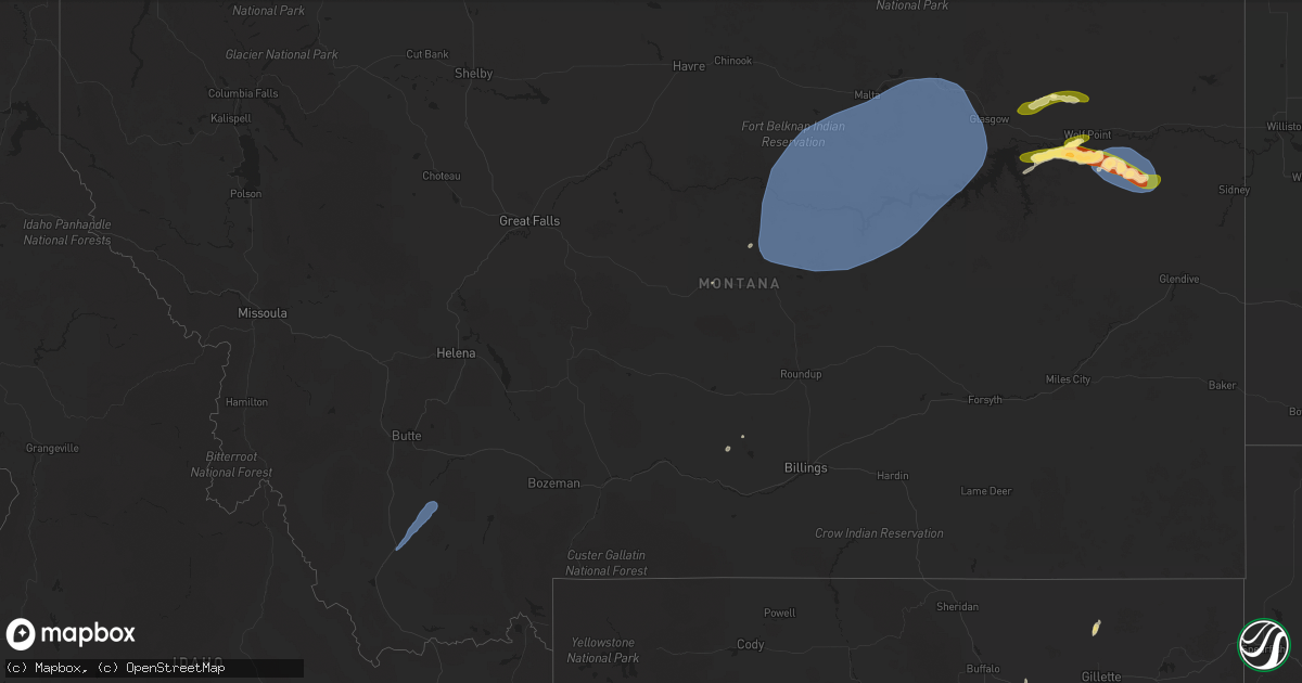 Hail map in Montana on July 2, 2025