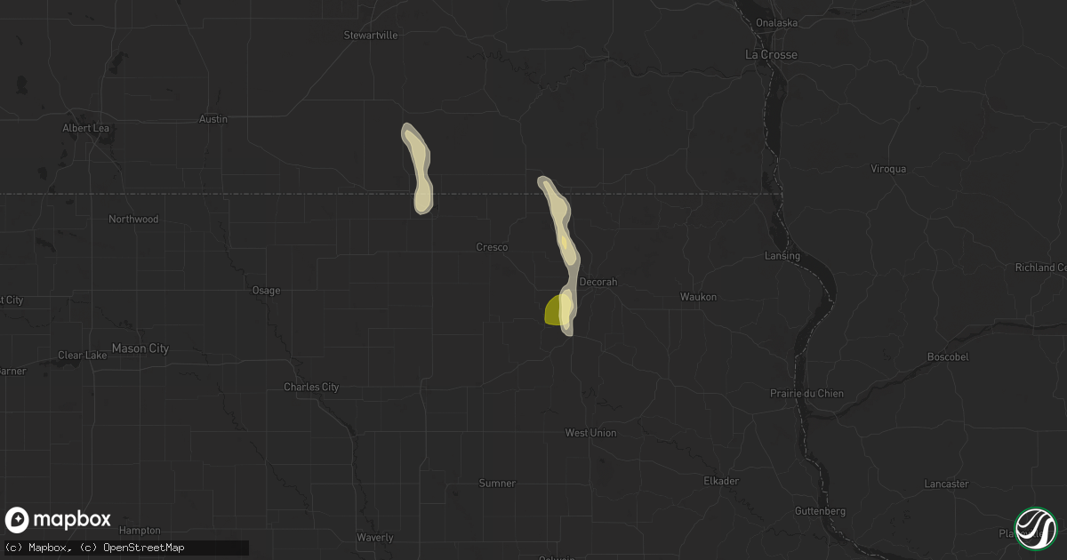 Hail map in Ridgeway, IA on July 2, 2025