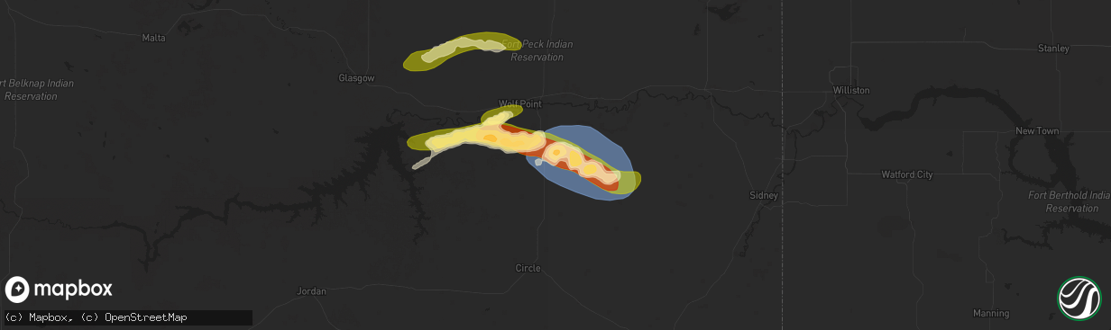Hail map in Vida, MT on July 2, 2025