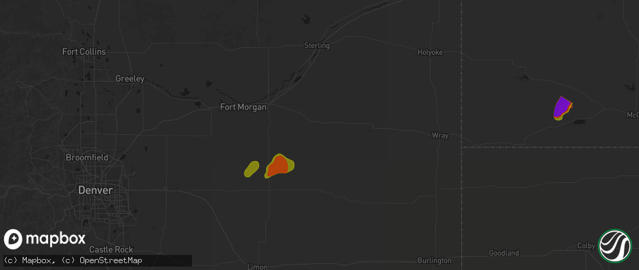 Hail map in Akron, CO on July 2, 2026