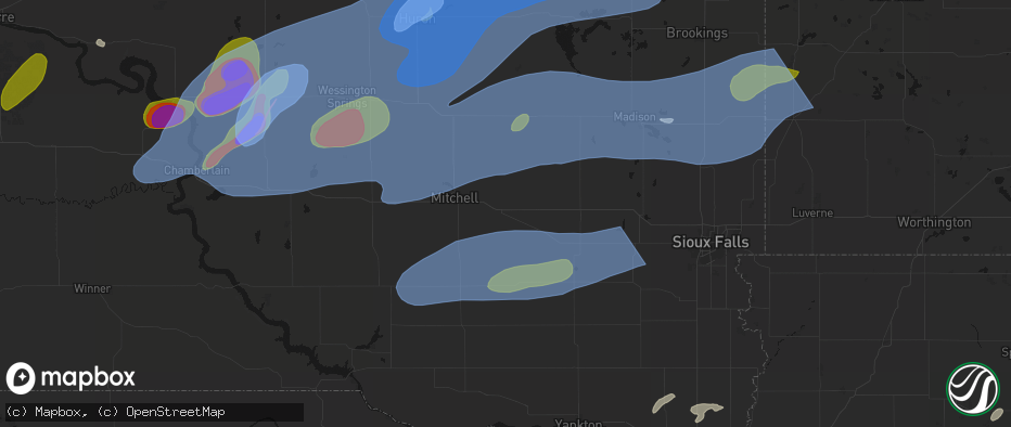 Hail map in Alexandria, SD on July 2, 2026