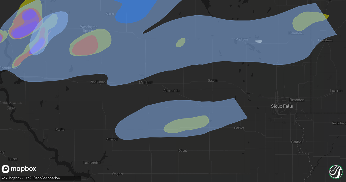Hail map in Alexandria, SD on July 2, 2026