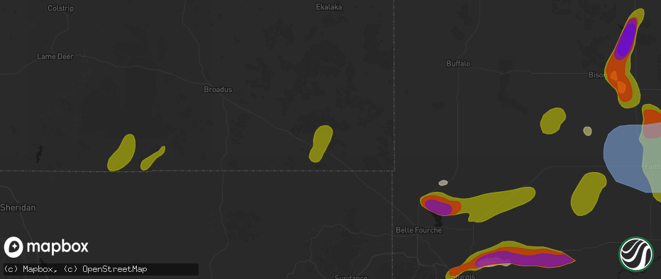 Hail map in Alzada, MT on July 2, 2026
