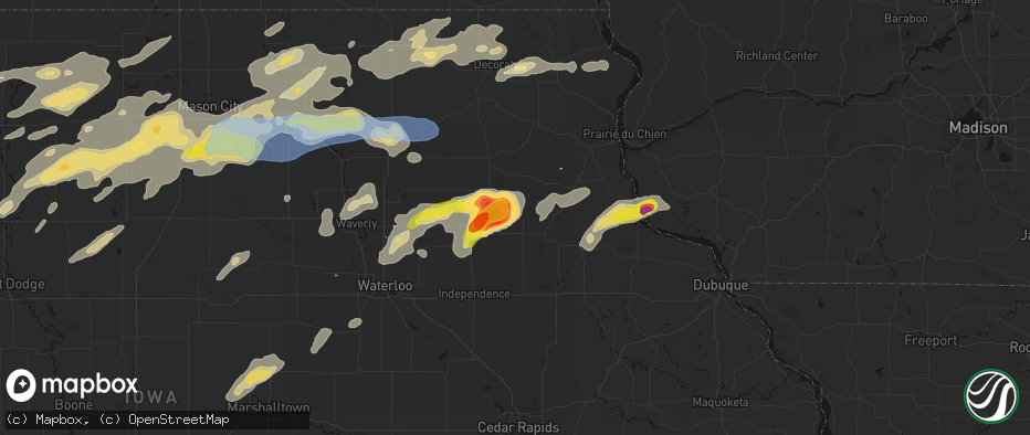 Hail map in Arlington, IA on July 2, 2026