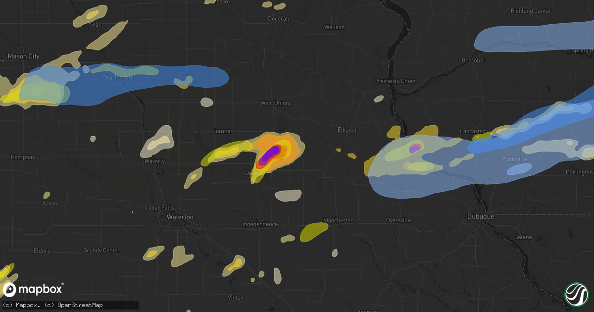 Hail map in Arlington, IA on July 2, 2026
