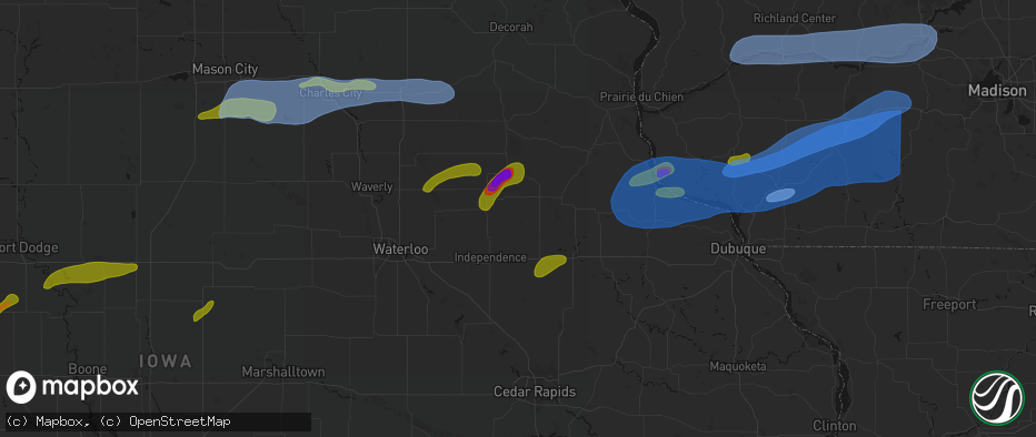 Hail map in Aurora, IA on July 2, 2026