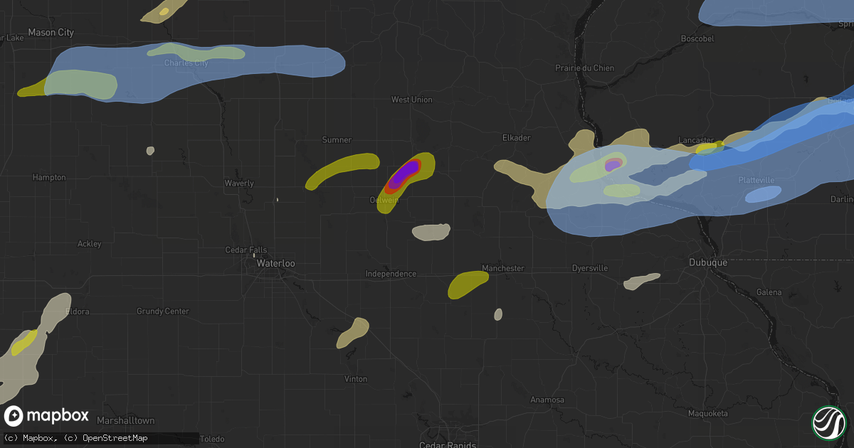 Hail map in Aurora, IA on July 2, 2026