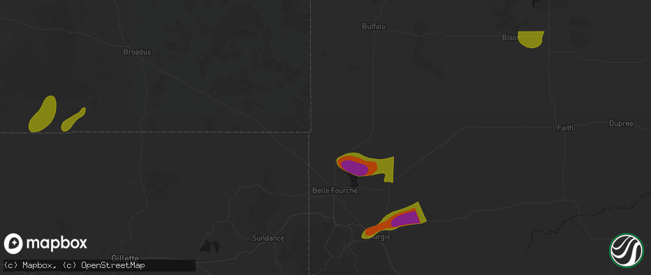 Hail map in Belle Fourche, SD on July 2, 2026