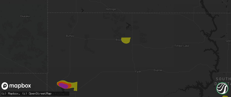 Hail map in Bison, SD on July 2, 2026