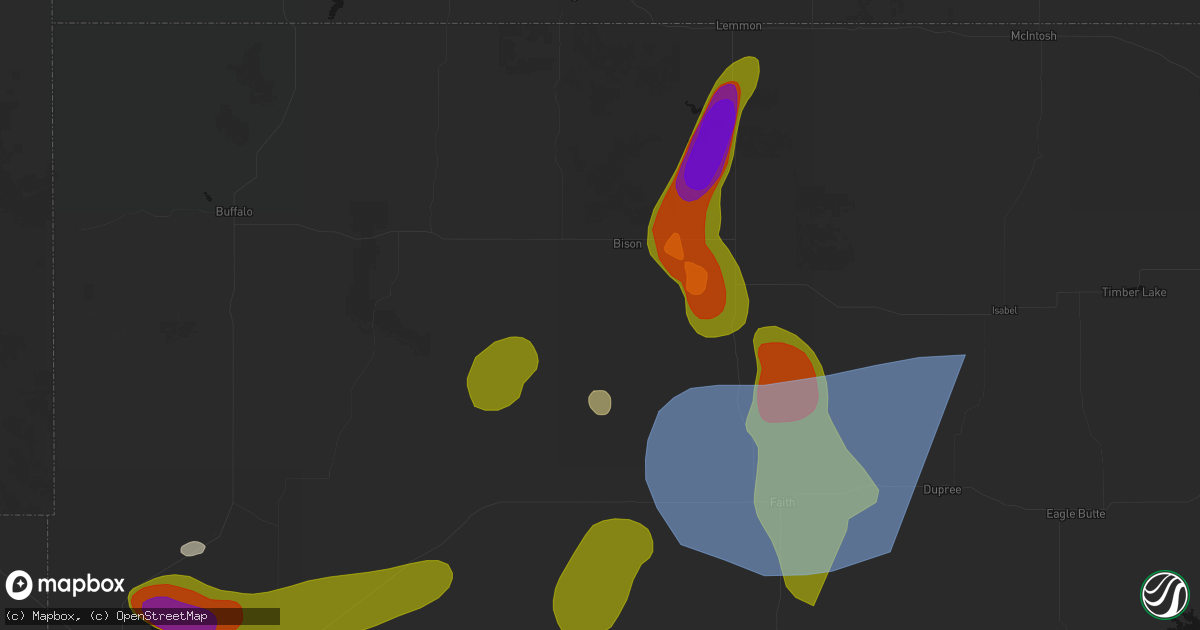 Hail map in Bison, SD on July 2, 2026