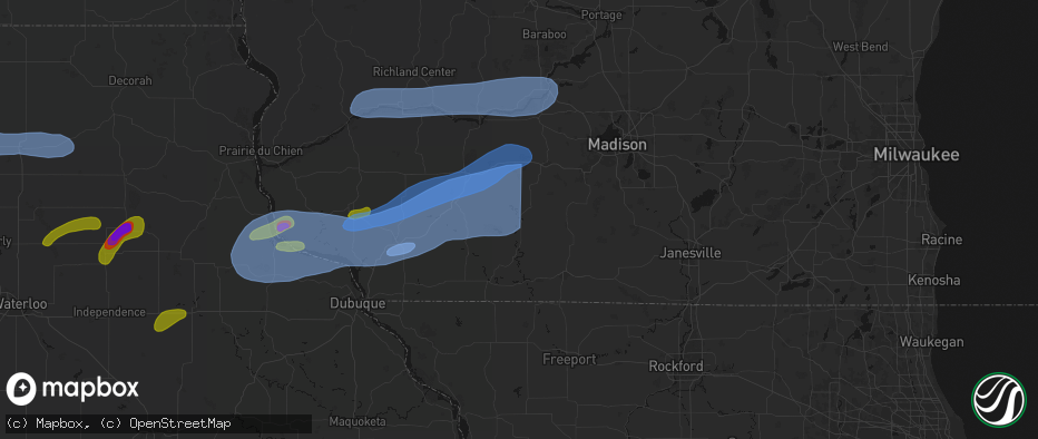 Hail map in Blanchardville, WI on July 2, 2026