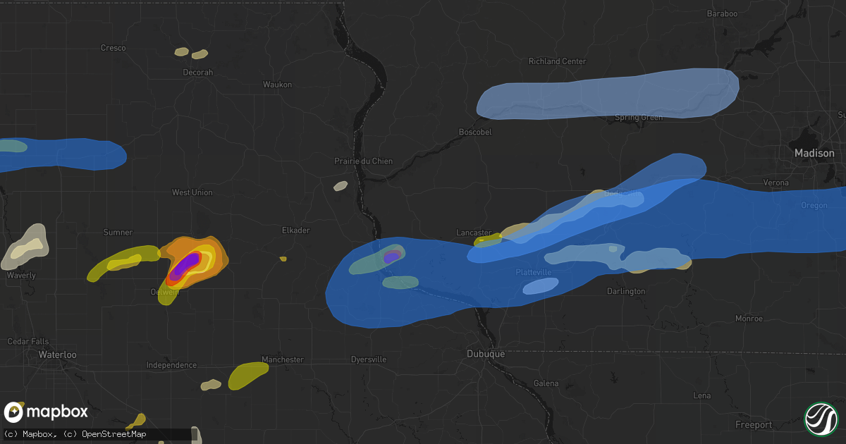 Hail map in Bloomington, WI on July 2, 2026