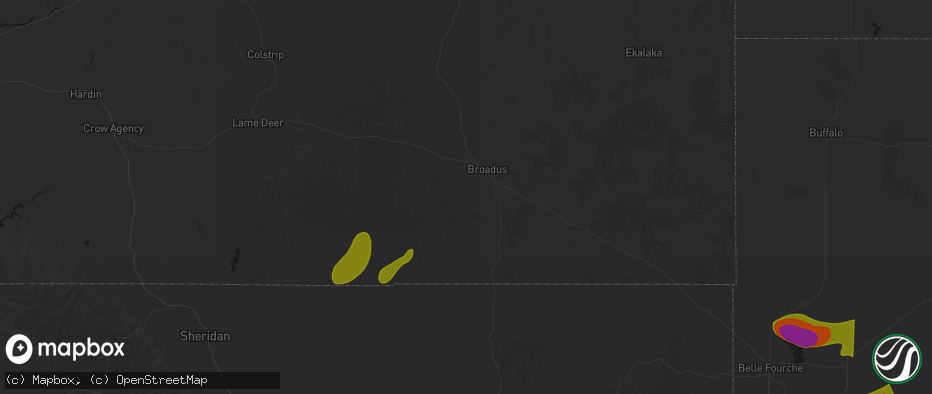 Hail map in Broadus, MT on July 2, 2026