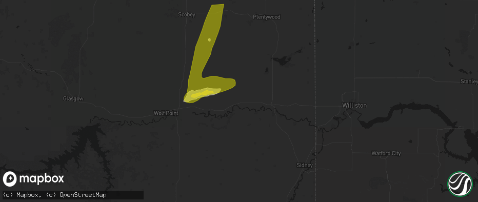 Hail map in Brockton, MT on July 2, 2026