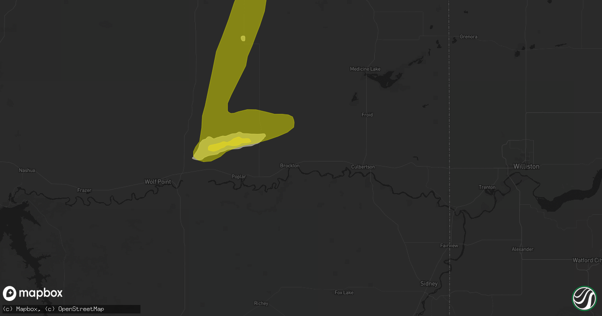 Hail map in Brockton, MT on July 2, 2026