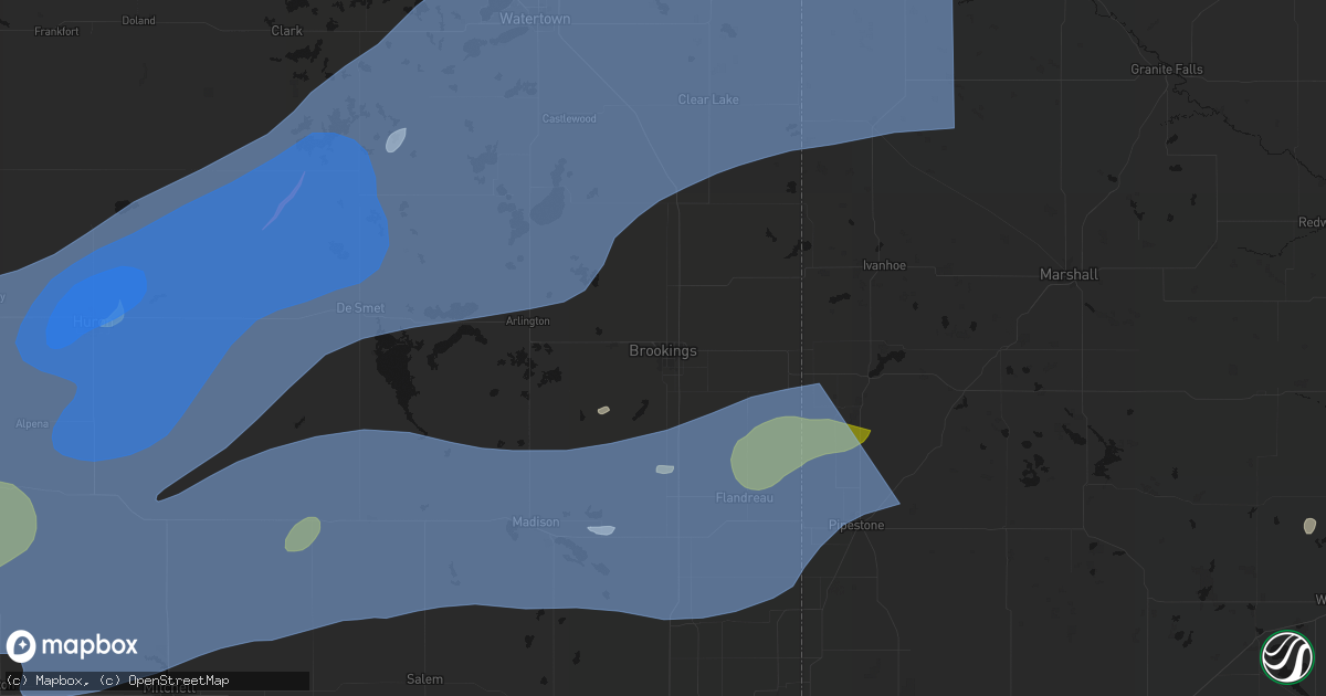 Hail map in Brookings, SD on July 2, 2026