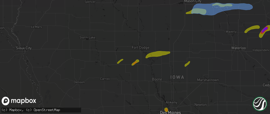 Hail map in Callender, IA on July 2, 2026