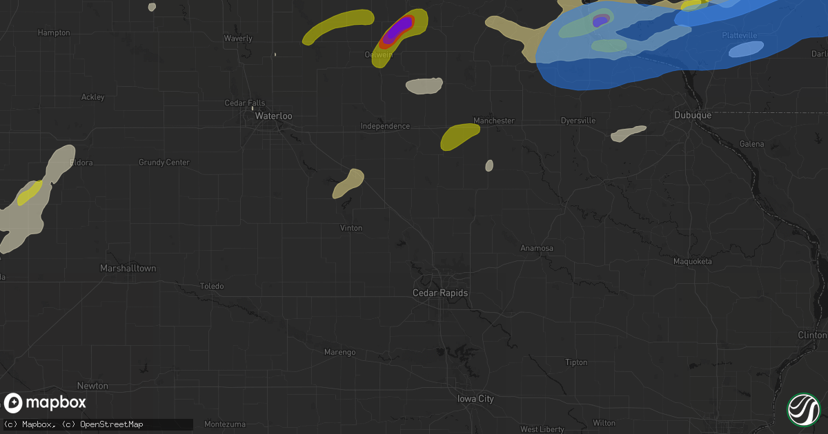 Hail map in Center Point, IA on July 2, 2026