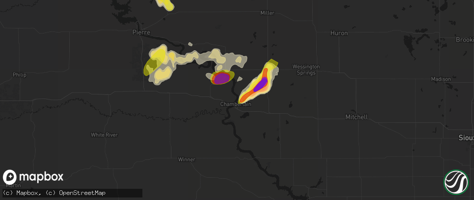Hail map in Chamberlain, SD on July 2, 2026