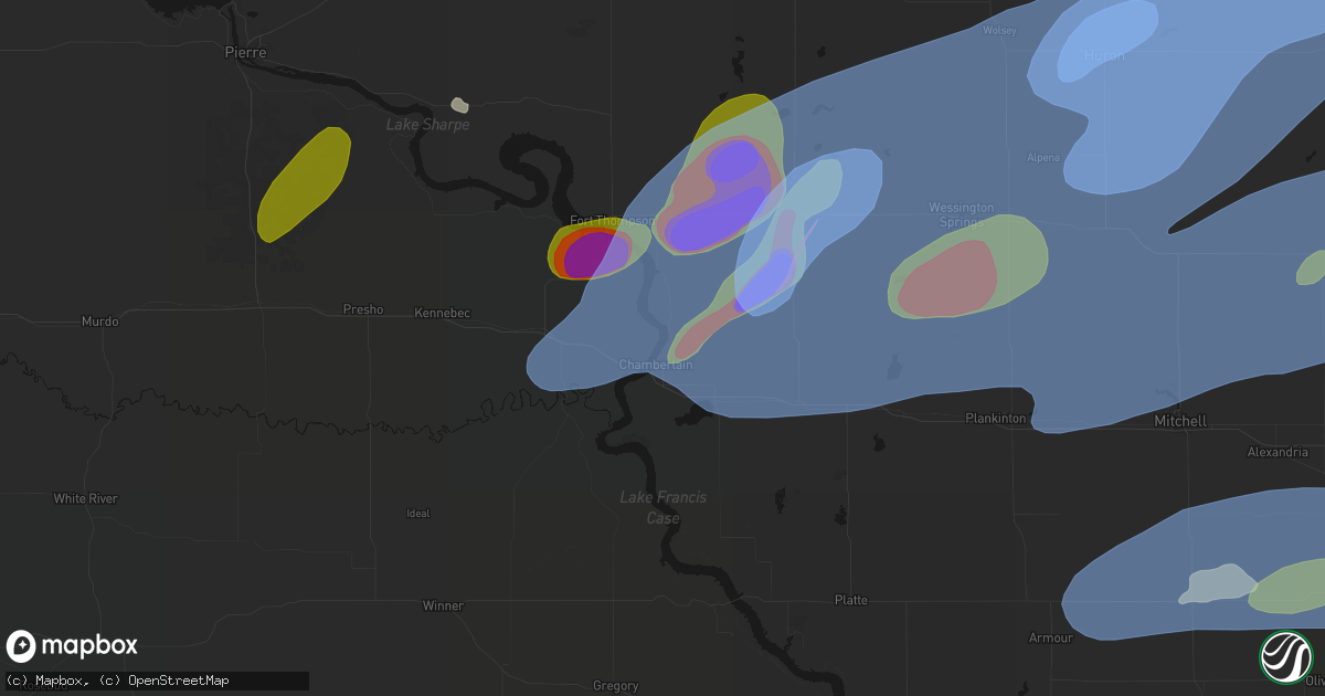 Hail map in Chamberlain, SD on July 2, 2026