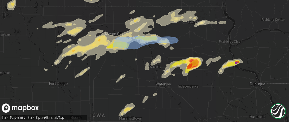 Hail map in Clarksville, IA on July 2, 2026