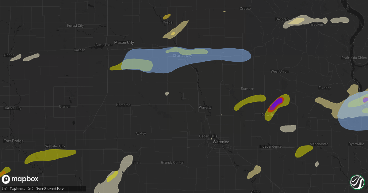 Hail map in Clarksville, IA on July 2, 2026