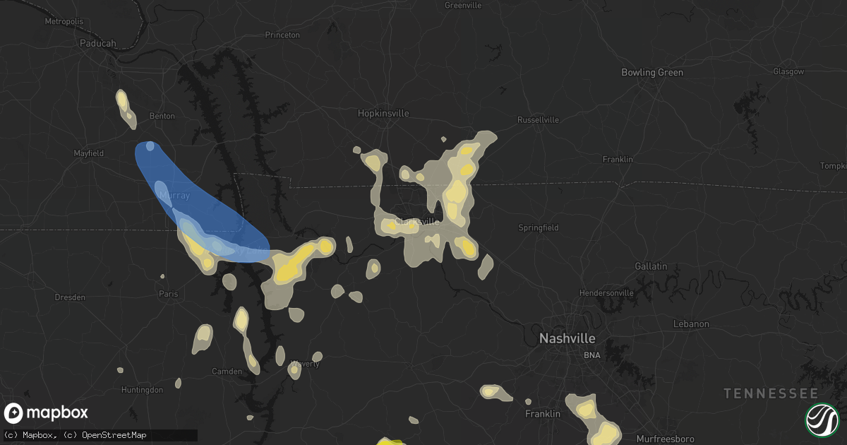 Hail map in Clarksville, TN on July 2, 2026