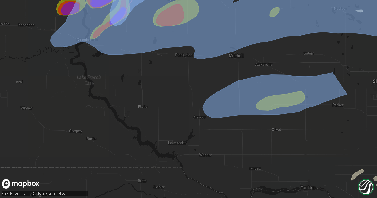 Hail map in Corsica, SD on July 2, 2026
