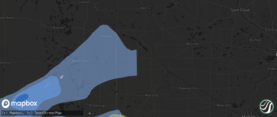 Hail map in Dawson, MN on July 2, 2026